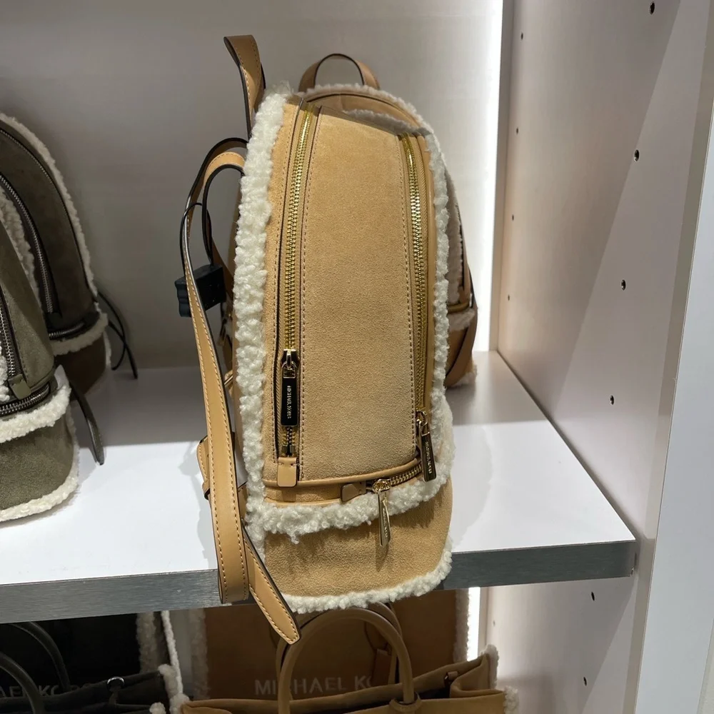 MICHAEL KORS Rhea Medium Suede and Faux Shearling Backpack Peanut  NWT